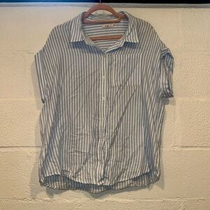 Blue and white striped button down top